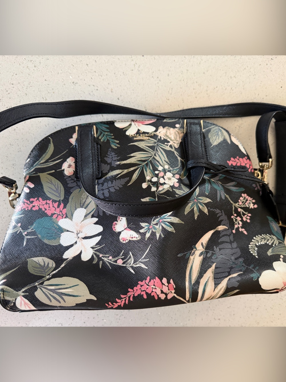 kate spade Black Floral Satchel with Pink & Cream Accents